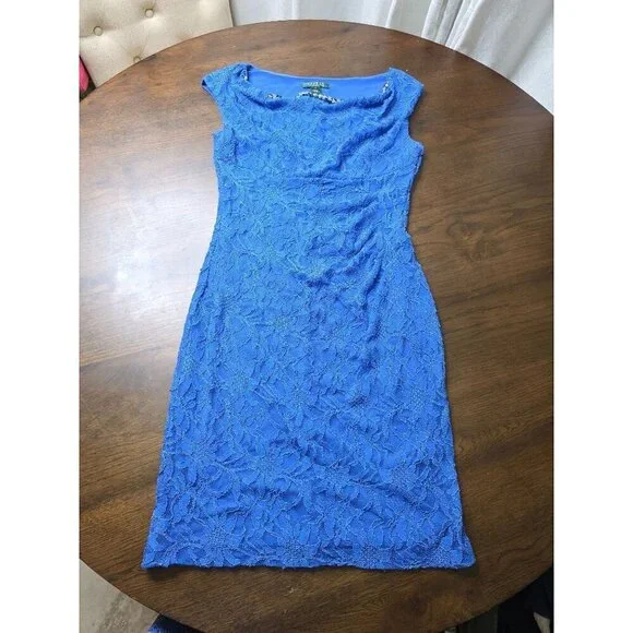 LAUREN RALPH LAUREN Womens Sheath Knee Length Dress Size 10 Navy Blue Lace - Picture 2 of 16